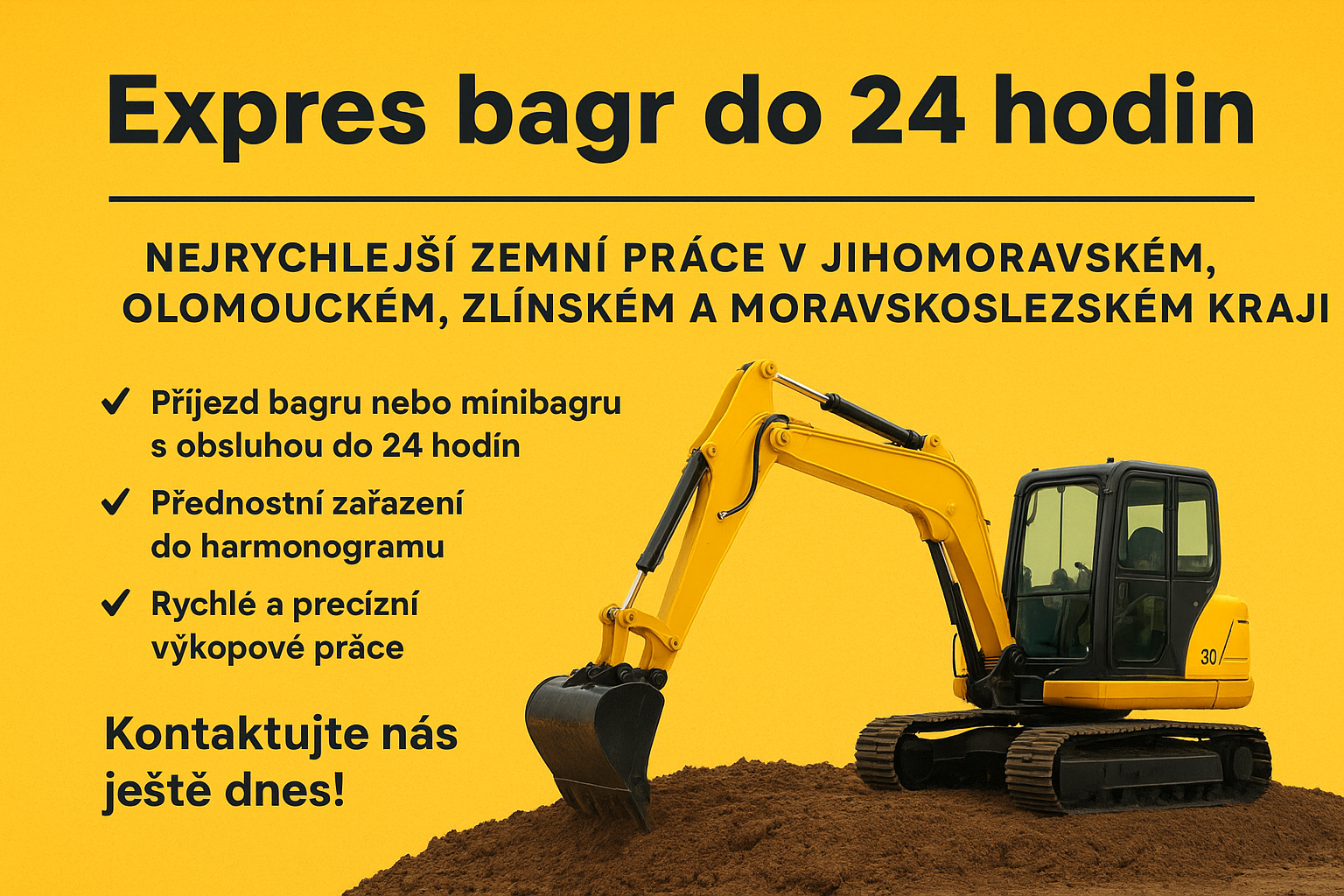 Expres minibagr do 24 hodin – nejrychlejší zemní práce na Moravě