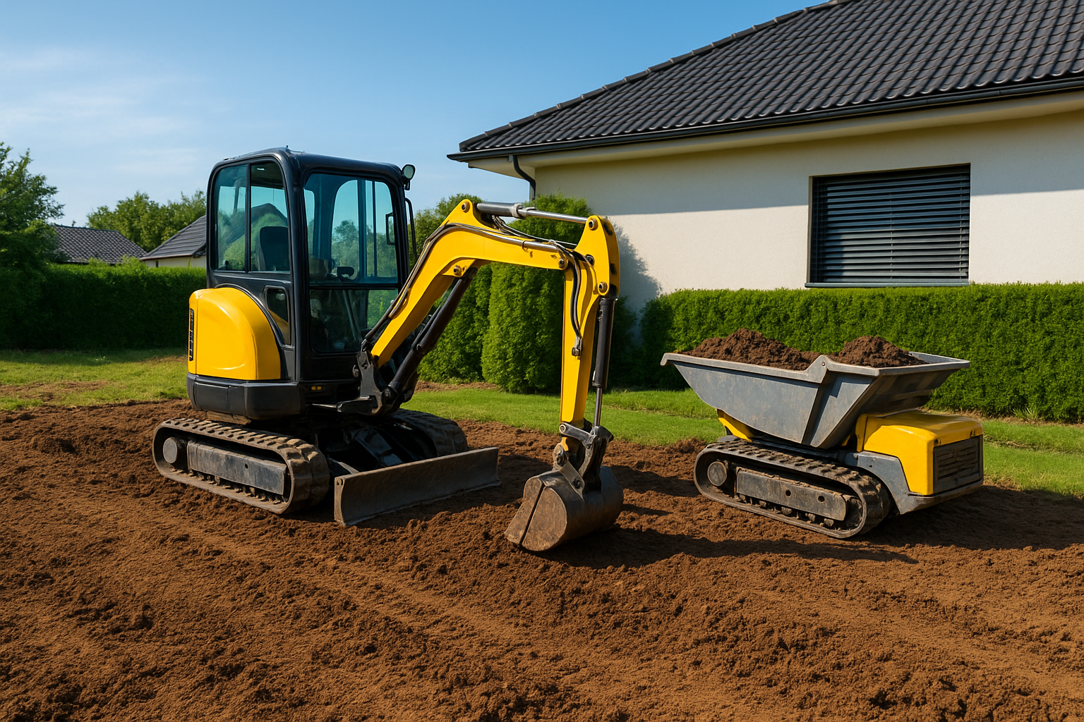 Profesionálne zemné práce, výkopové práce, úprava terénu, dovoz zeminy a prerod neupraveného pozemku na záhradu za 30 dní pomocou bagra a pásového dumpera od firmy Rumana.