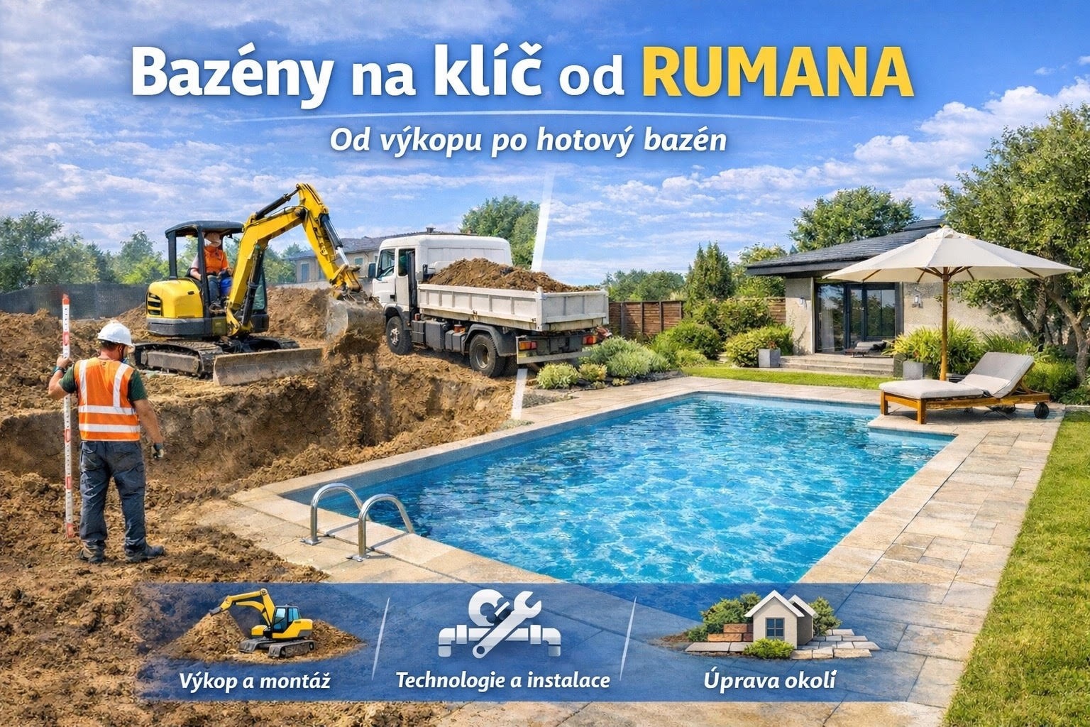 Kompletní realizace bazénu na klíč od RUMANA – profesionální výkop bazénu, osazení bazénu, technologie a finální úpravy okolí.