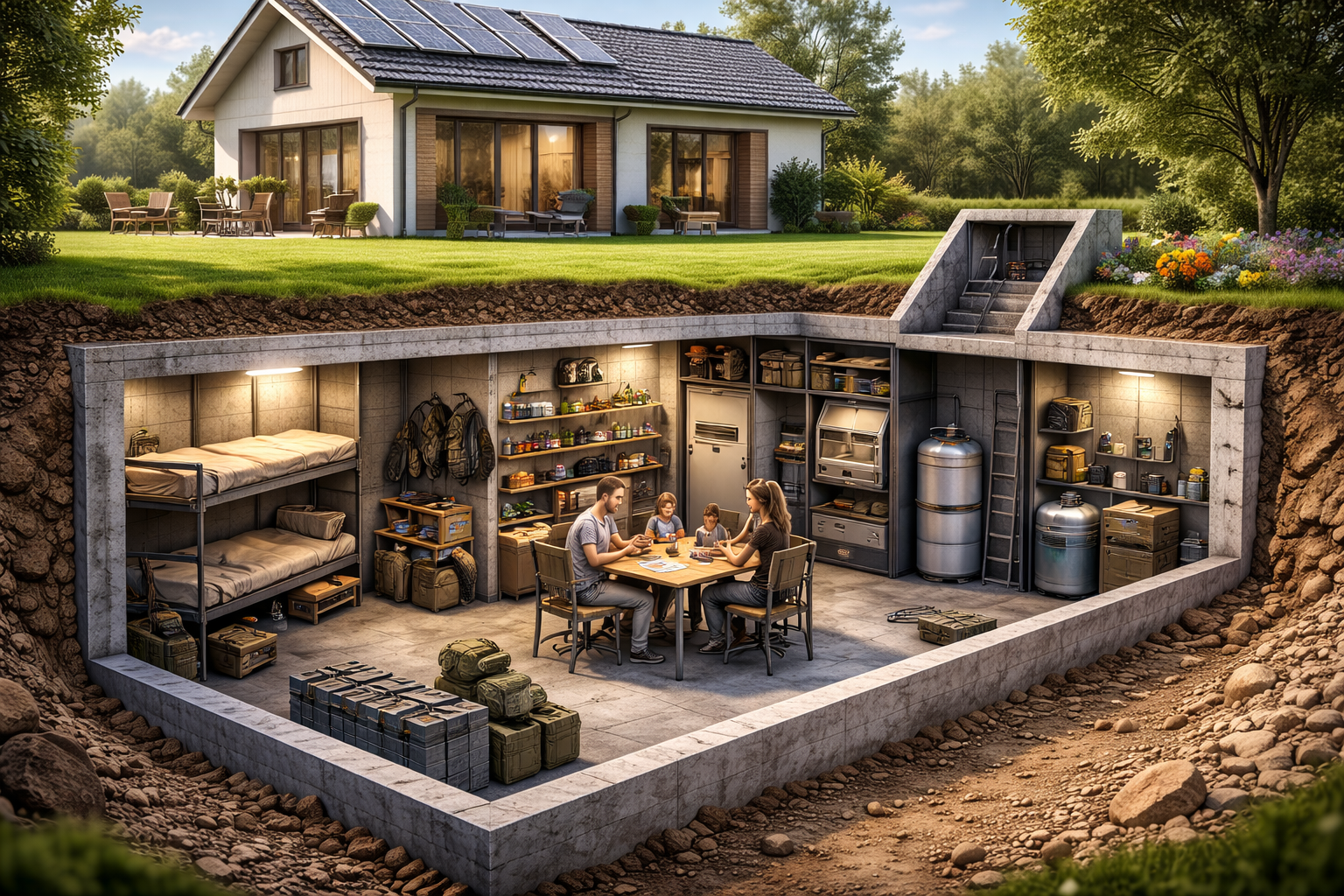 Ilustrace podzemního bunkru pod rodinným domem – řez konstrukcí
