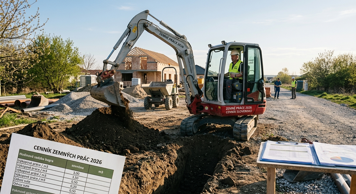 Minibagr při výkopu základů rodinného domu – zemní práce RUMANA