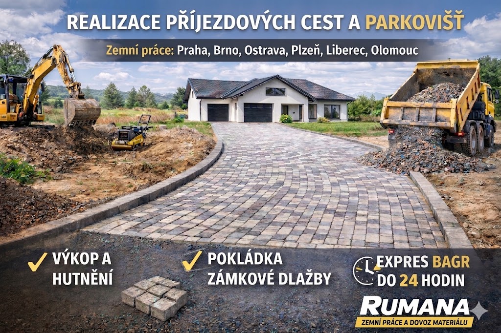Profesionální realizace příjezdových cest a parkovišť v celé ČR. Zemní práce, výkopové práce, hutnění podloží a dovoz materiálu. RUMANA – expresní realizace do 24 hodin.