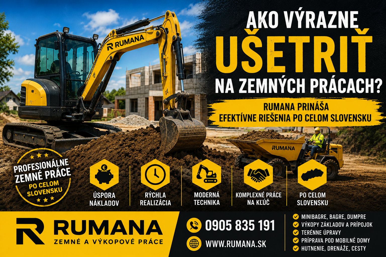 Minibager RUMANA pri realizácii zemných prác a úprave stavebného pozemku na Slovensku
