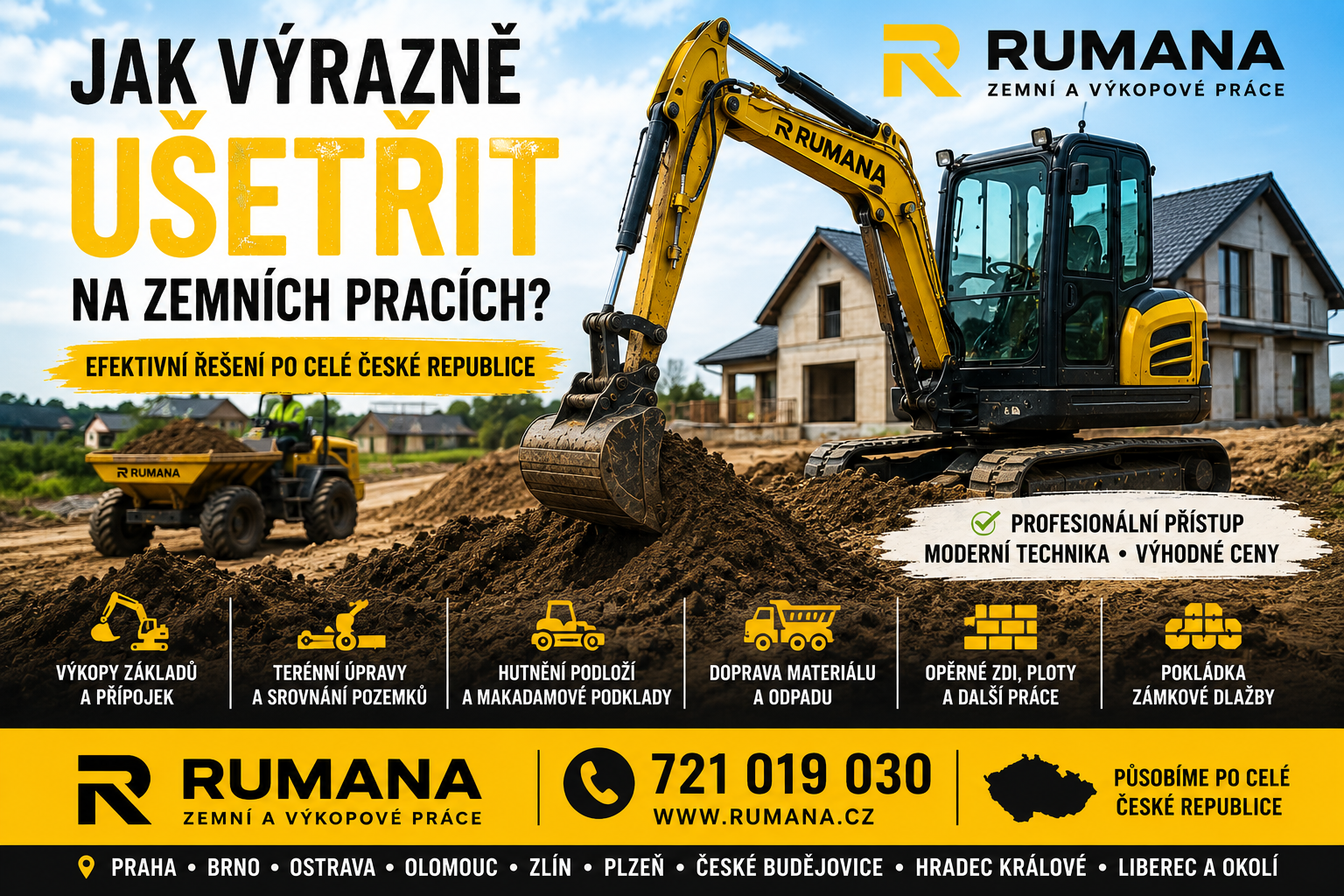 Minibagr RUMANA při realizaci zemních prací a úpravě stavebního pozemku v České republice