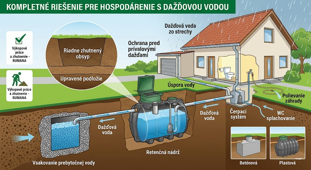 Schéma podzemnej retenčnej nádrže pri rodinnom dome so zachytávaním dažďovej vody zo strechy a odvodom do vsakovacieho systému