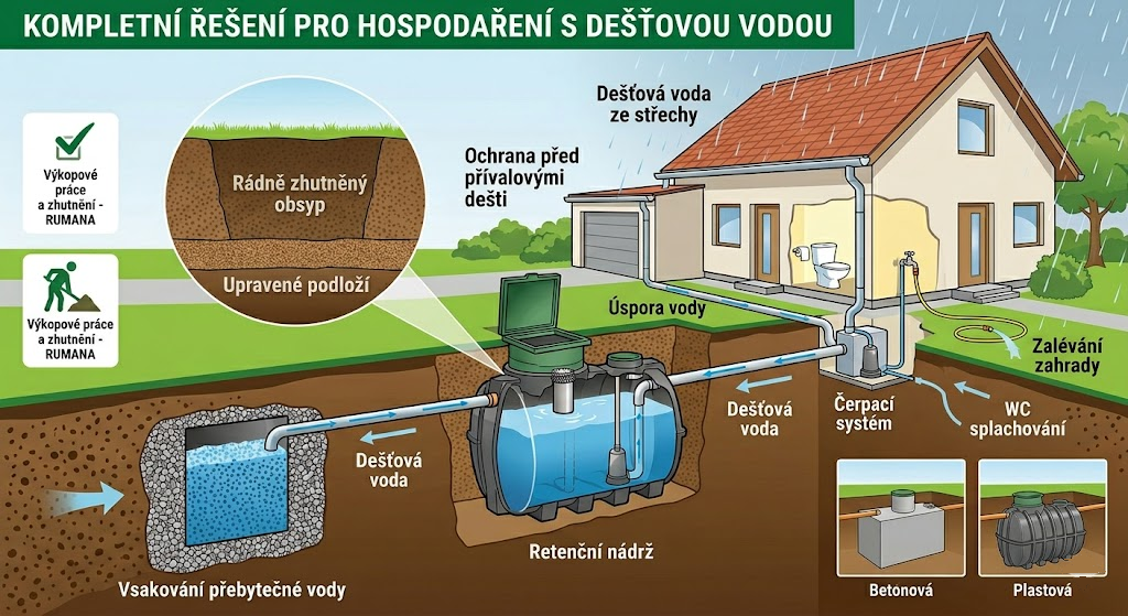 Schéma podzemní retenční nádrže u rodinného domu se zachytáváním dešťové vody ze střechy a napojením na vsakovací systém