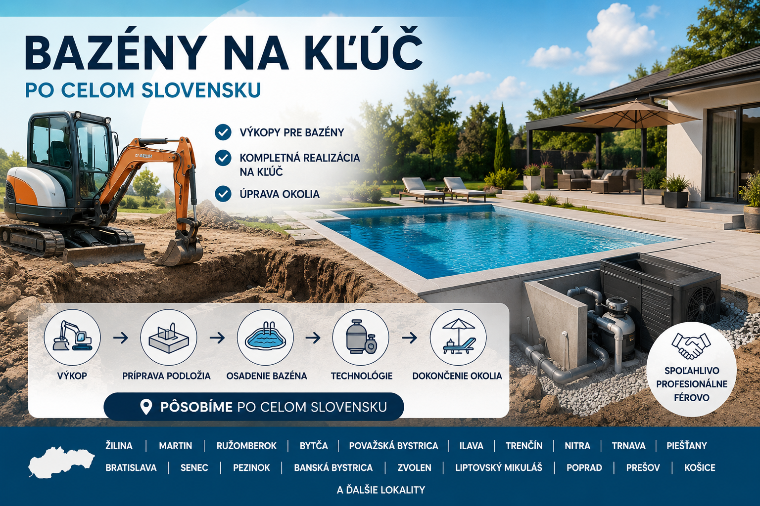 Bazény na kľúč po celom Slovensku – výkop minibagrom, realizácia bazéna a úprava okolia