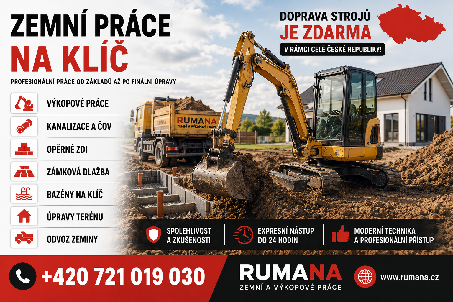 Žlutý bagr a nákladní vůz při výkopových pracích u domu.