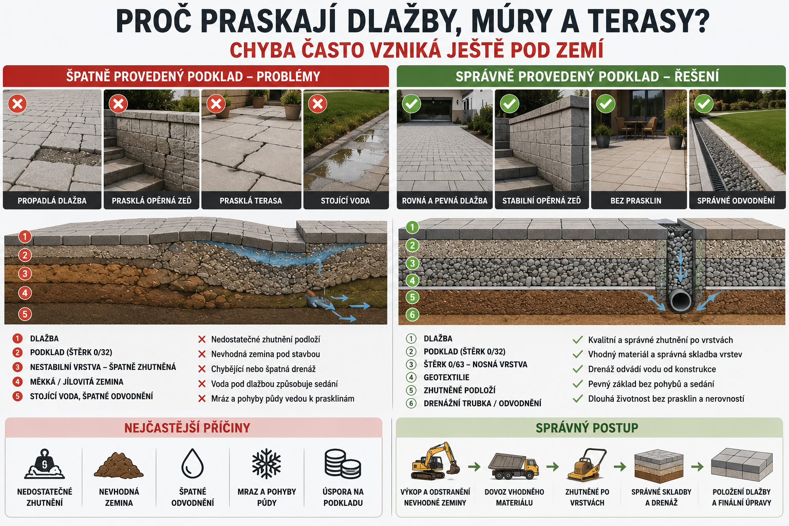 Proč praská zámková dlažba, opěrná zeď a terasa – ukázka špatně zhutněného podkladu, nedostatečné drenáže a správné přípravy podloží pro dlouhou životnost stavby.