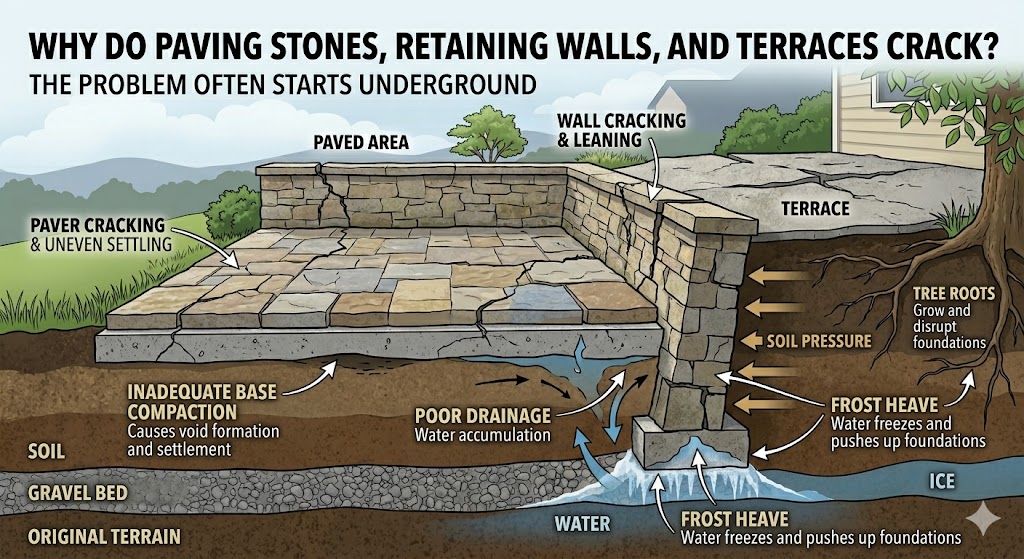 Diagram showing paving stones, retaining wall, and terrace cracking caused by poor drainage, frost heave, and tree roots.