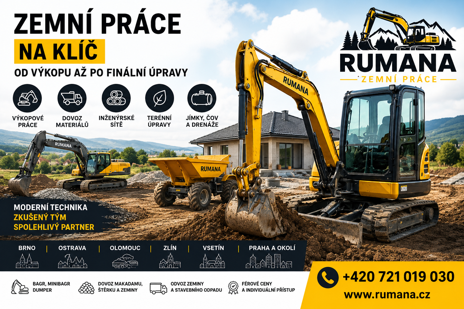 Profesionální zemní práce RUMANA – bagr, minibagr a dumper při přípravě stavebního pozemku. Výkopové práce, terénní úpravy, jímky, ČOV, inženýrské sítě a dovoz materiálu v lokalitách Brno, Ostrava, Olomouc, Zlín, Vsetín, Praha a okolí.