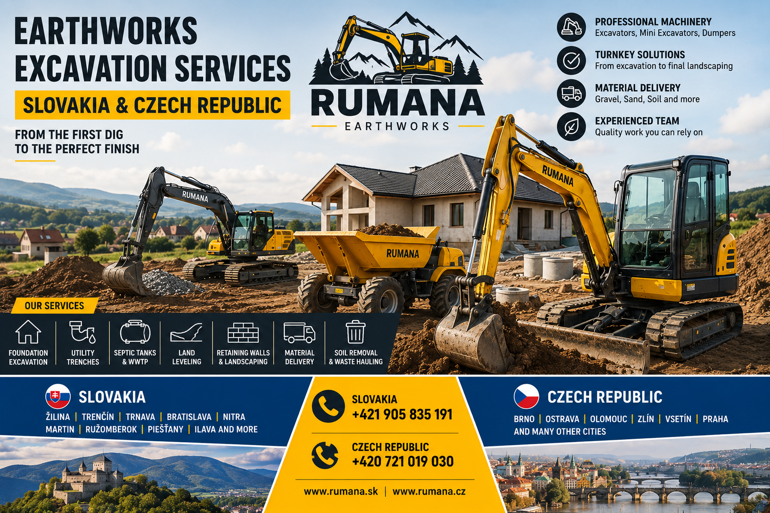 Professional earthworks and excavation services by RUMANA with excavators, mini excavators and dumpers on a construction site. Foundation excavation, utility trenches, septic tanks, landscaping, material delivery and soil removal in Slovakia and the Czech Republic.