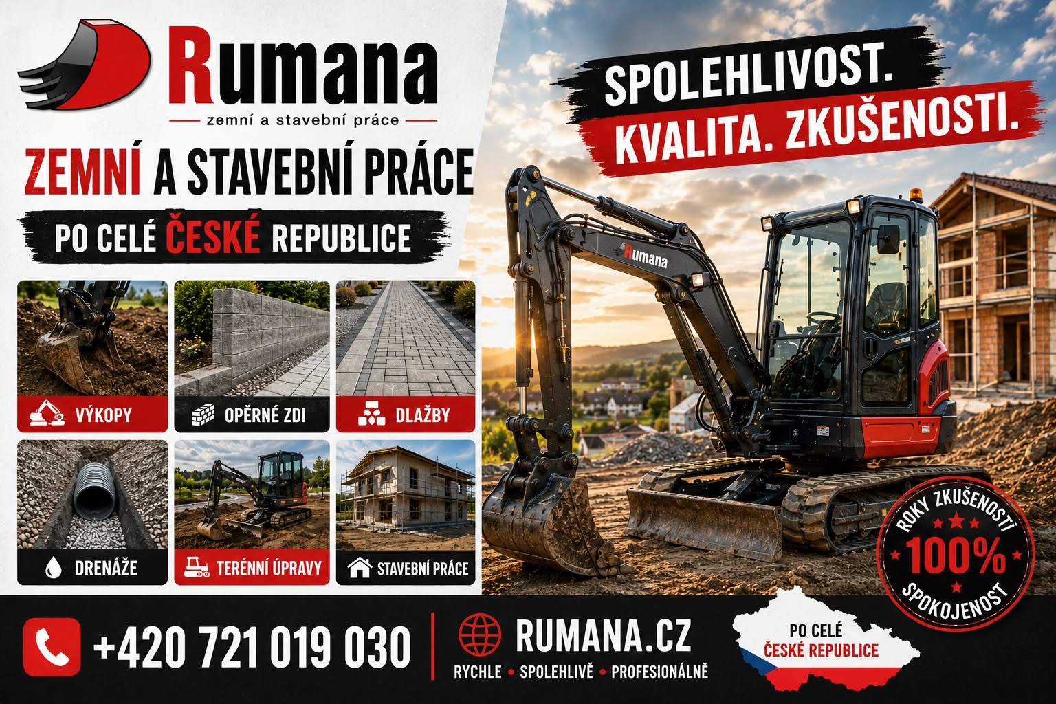 Bagr při realizaci zemních a výkopových prací na stavebním pozemku ve Zlínském kraji