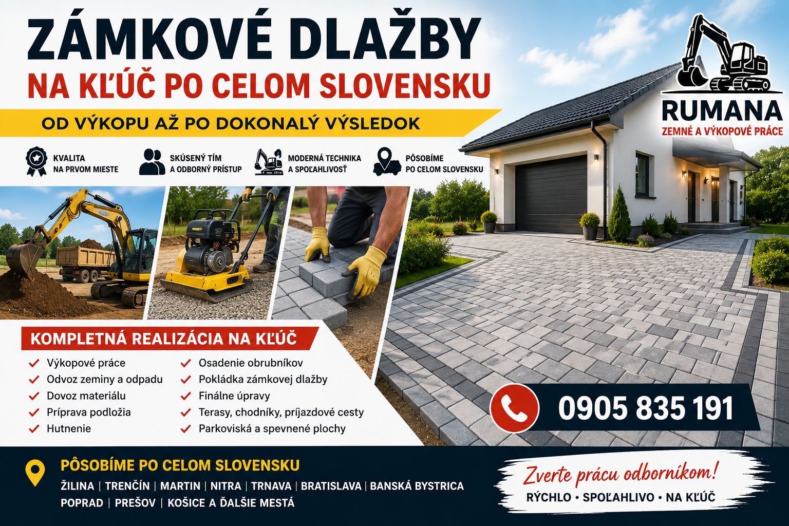 Zámkové dlažby na kľúč po celom Slovensku – výkopové práce, príprava podložia, hutnenie a profesionálna pokládka zámkovej dlažby spoločnosťou RUMANA.