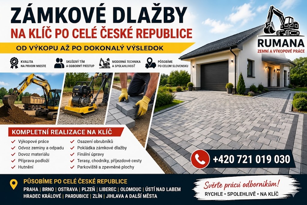 Realizace zámkové dlažby na klíč – zemní práce minibagrem, příprava podloží a pokládka dlažby v České republice