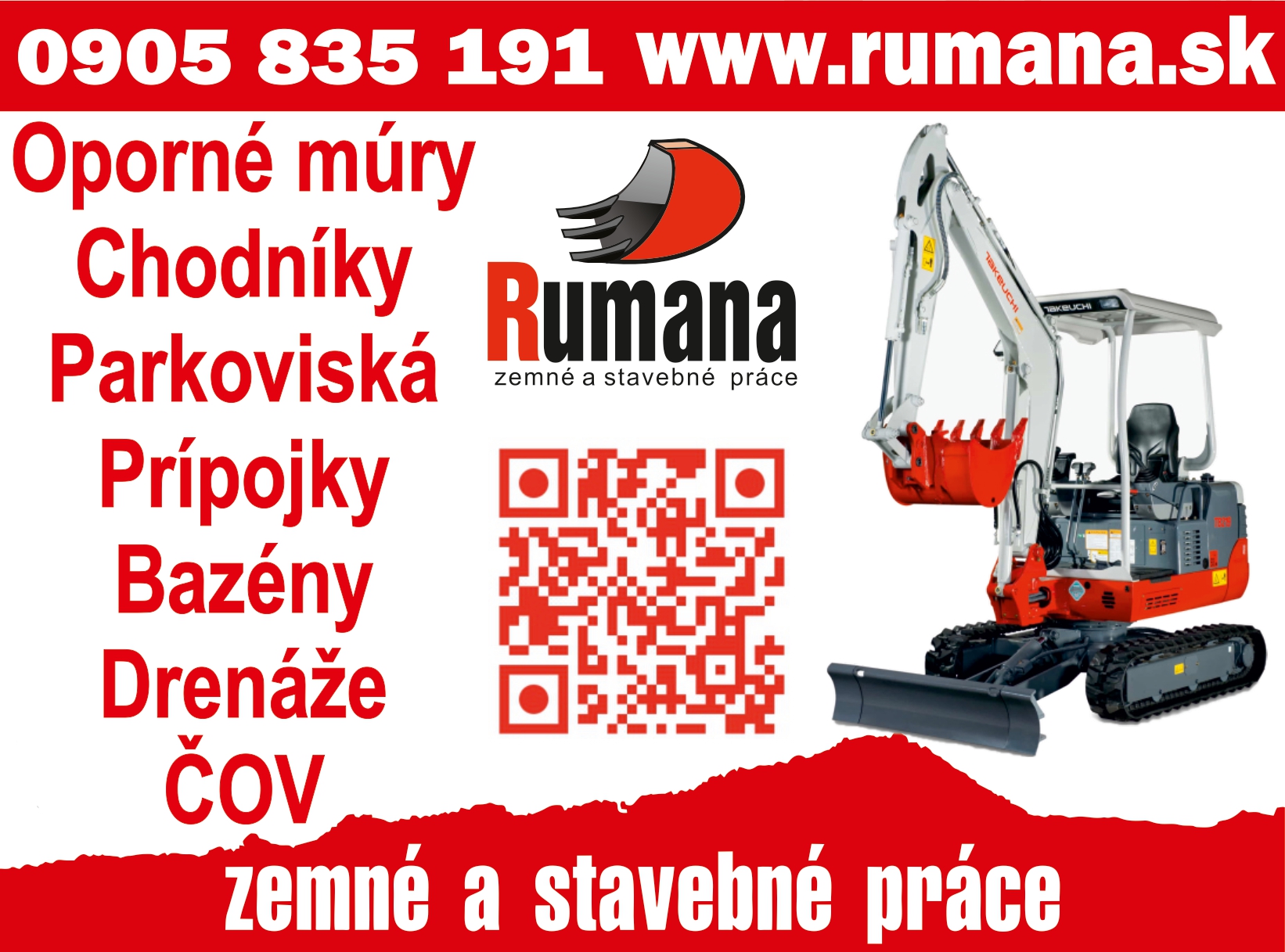 Reklamný banner s bagrom, textom „Rumana“ a QR kódom, telefónnym číslom a ponukou služieb.
