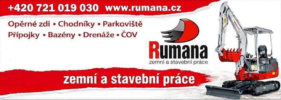 Reklamní banner firmy Rumana s bagrem, červeným textem a nabídkou zemních a stavebních prací.