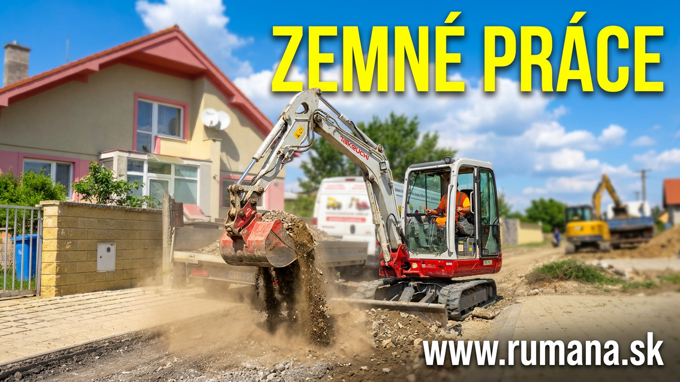 Stavebný bagr pri výkope rozbíja cestu, prach a kamene, domy v pozadí, nápis ZEMNÉ PRÁCE.