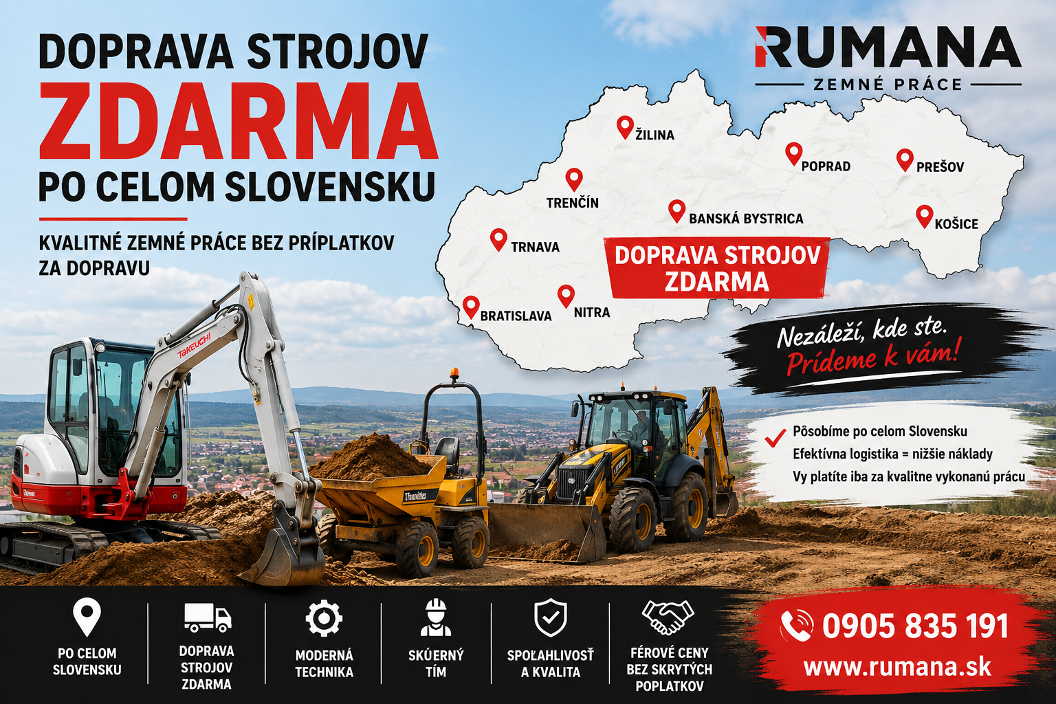 Doprava bagrov a minibagrov zdarma po celom Slovensku – zemné práce, výkopové práce a bagrovanie spoločnosťou RUMANA