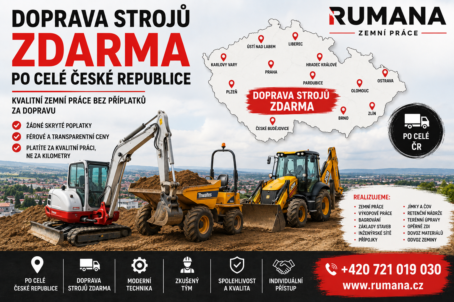 Doprava bagrů a minibagrů zdarma po celé České republice – zemní práce, bagrování a výkopové práce RUMANA
