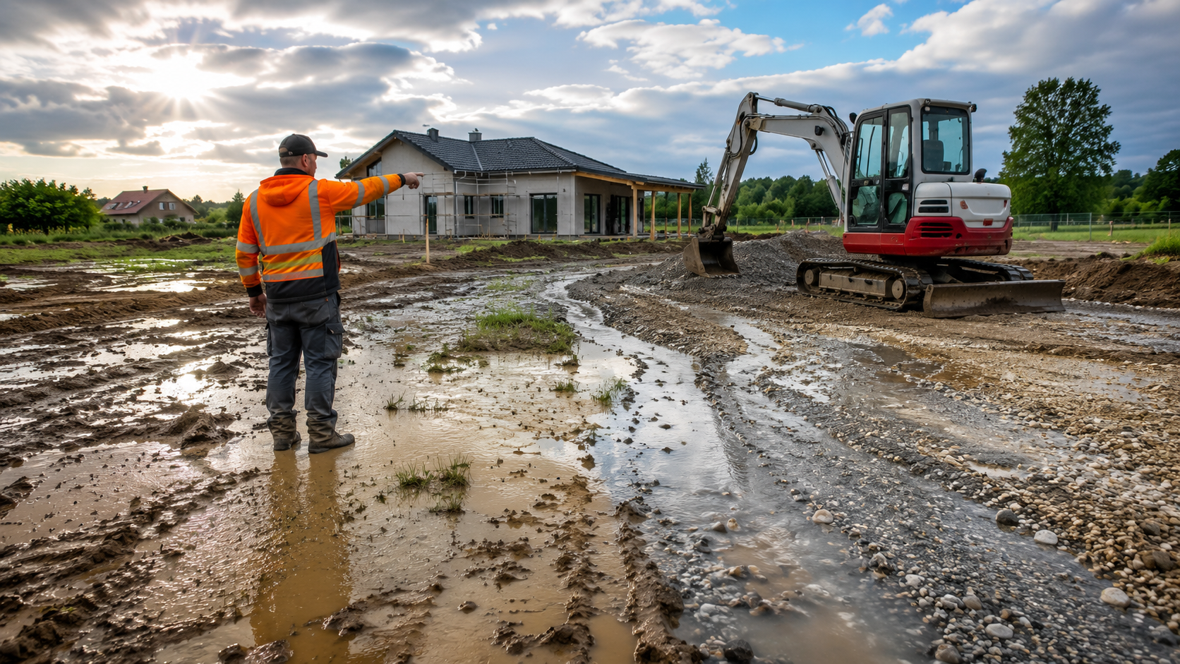 Construction worker in orange vest watches excavator grading muddy site near a house under cloudy sky.