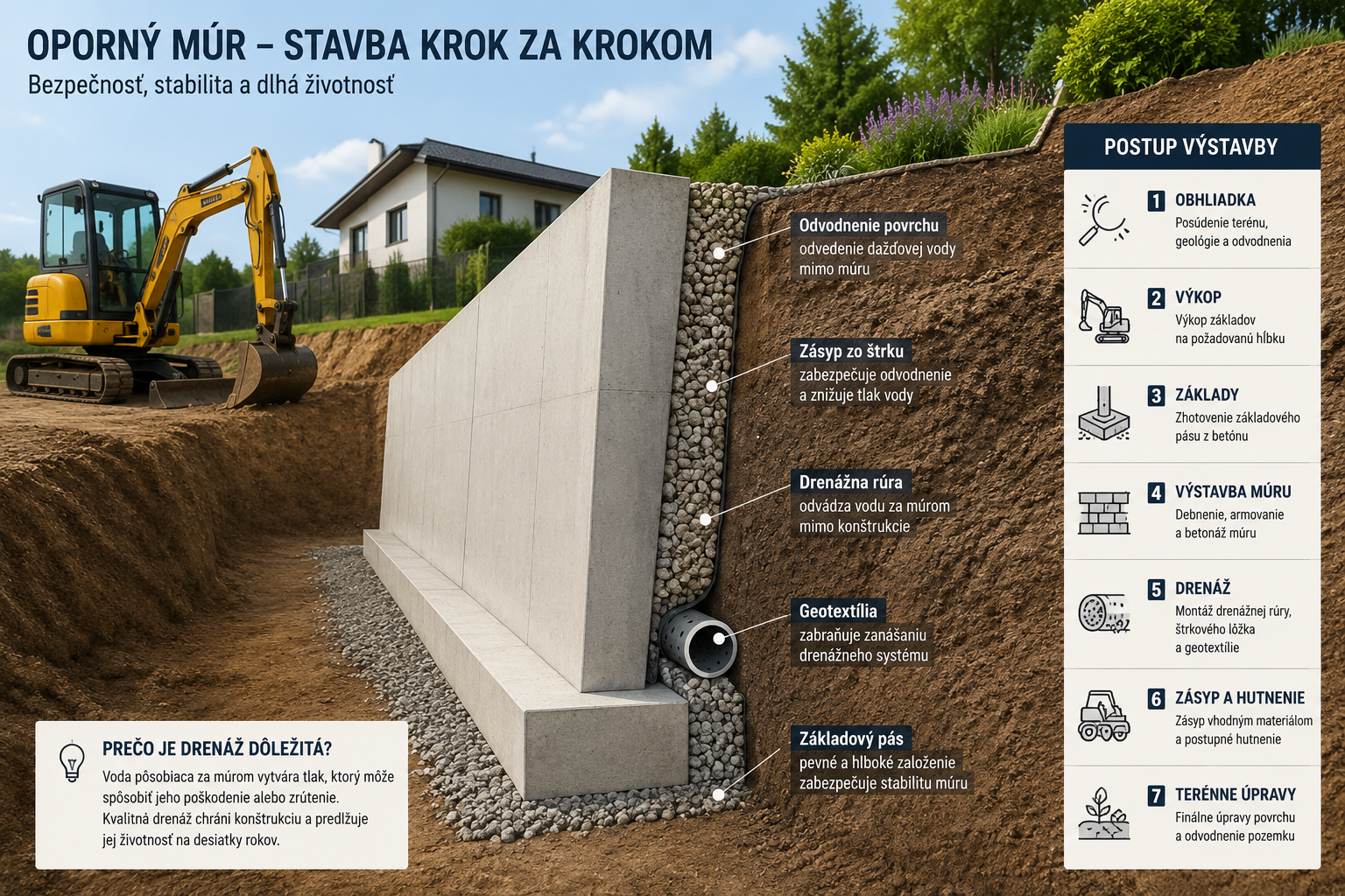 Žltý bagr pri výkope, oporný múr s drenážnou rúrou a informačným panelom postupu výstavby.