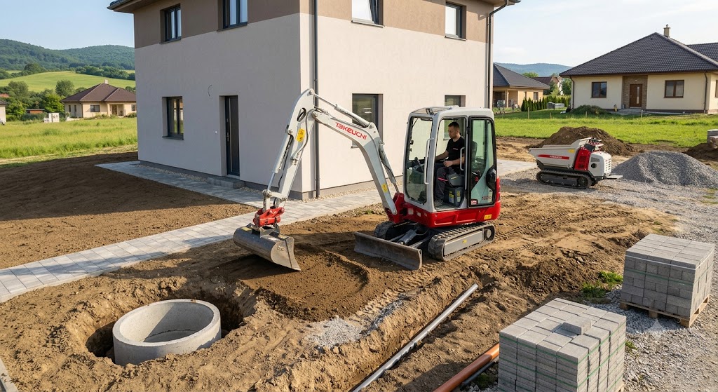 Mini excavator working on residential construction site, digging foundation trench beside new house and paving stones.