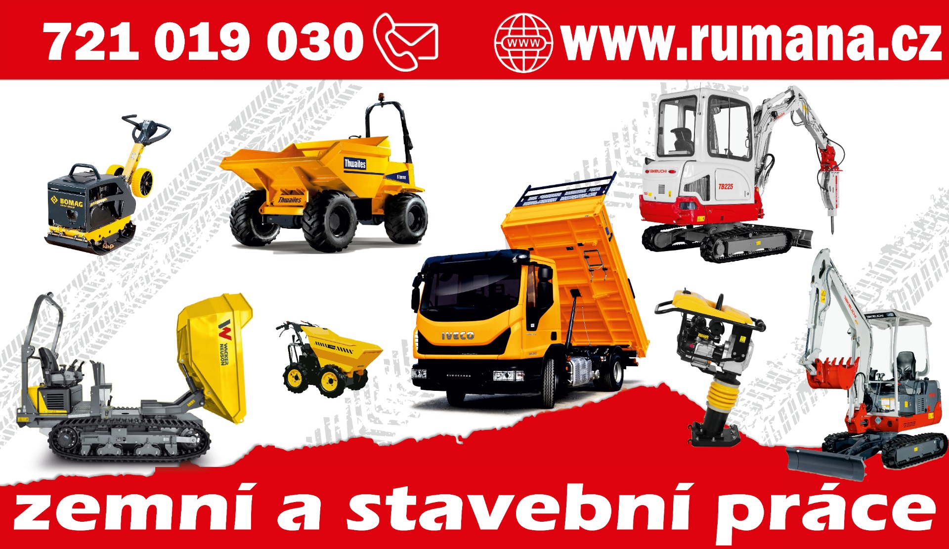 Reklamní banner firmy Rumana s bagrem, červeným textem a nabídkou zemních a stavebních prací.