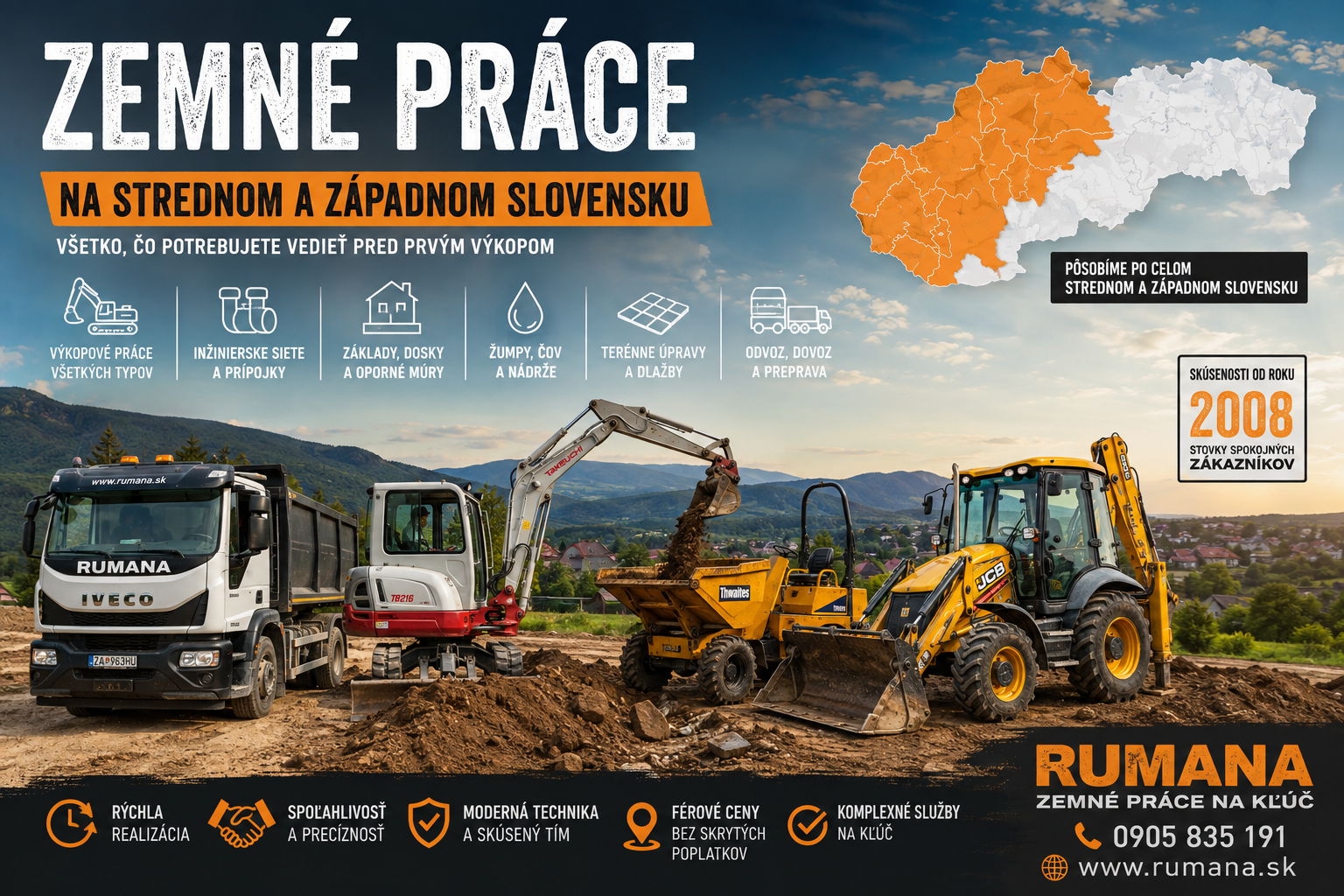 Reklamný banner zemných prác s bagrom, nákladnými autami a mapou stredného a západného Slovenska.