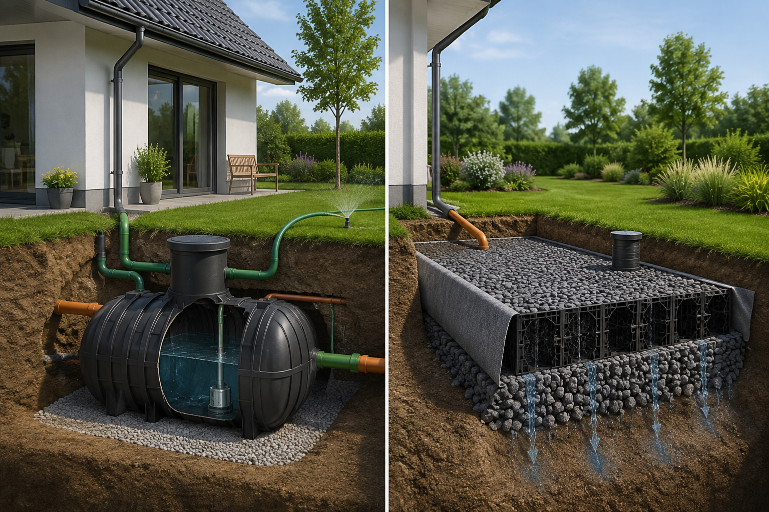 Detail zahradní instalace: plastová nádrž, potrubí a odvodnění u domu s upraveným trávníkem a záhony.