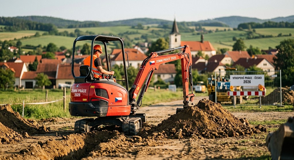 Červený bagr s obsluhou pracuje na staveništi, v pozadí vesnice a kopce.