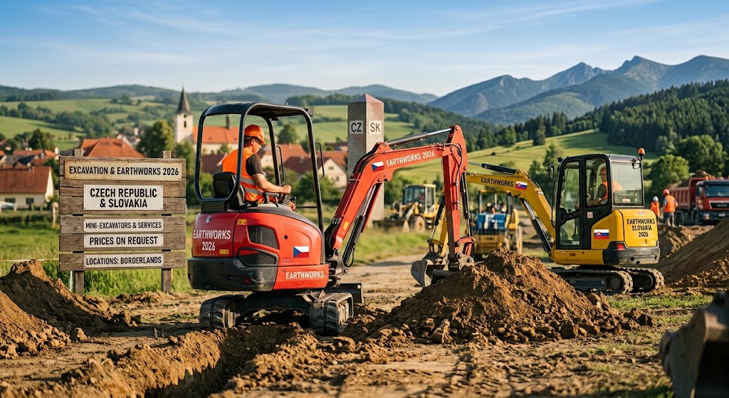 Orange excavator and yellow backhoe dig trenches near countryside houses, with mountains and signboards in background.