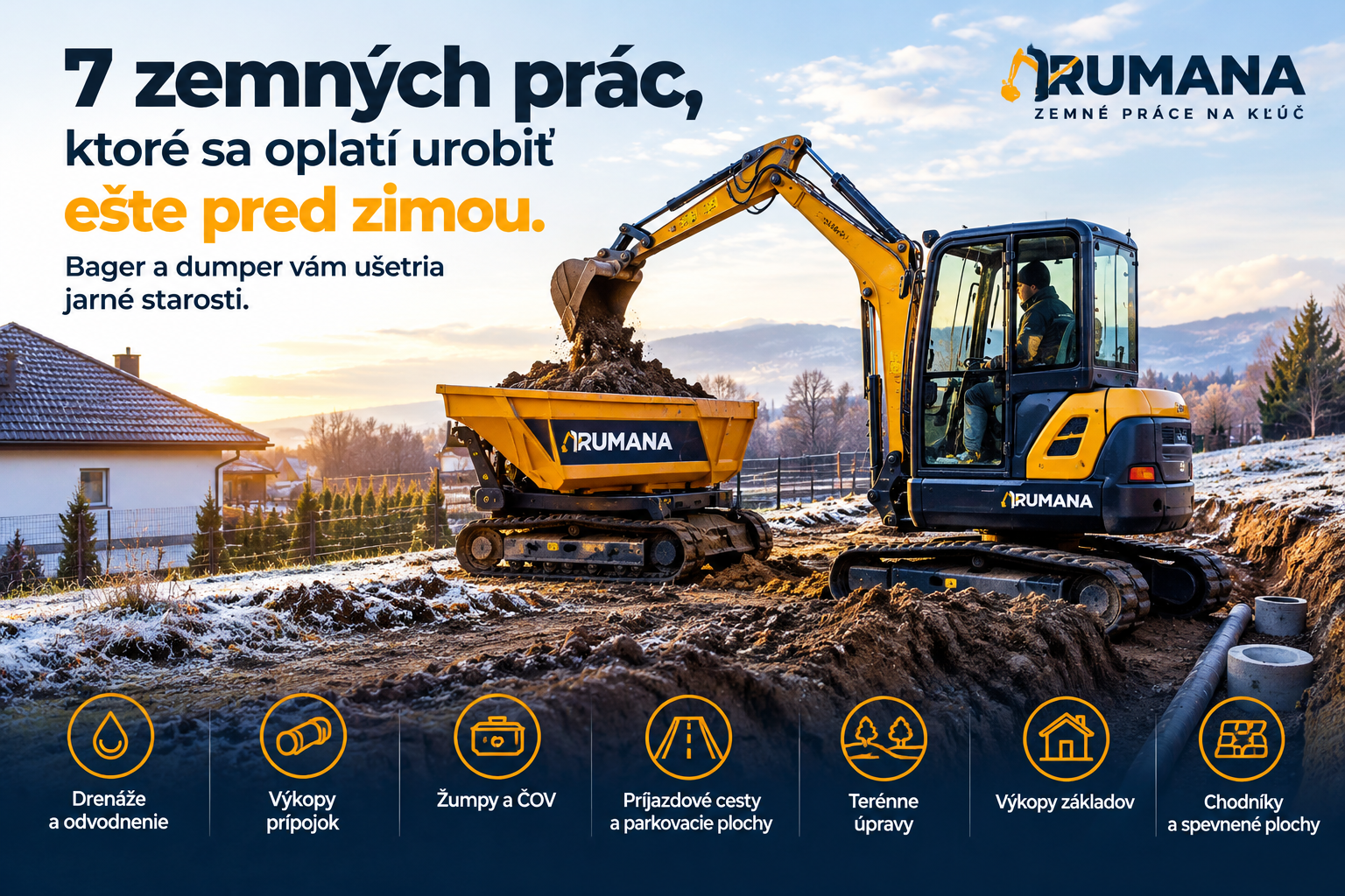 Žltý bagr s lyžicou vyhadzuje zeminu na zasneženom stavenisku, v pozadí domy a hory.