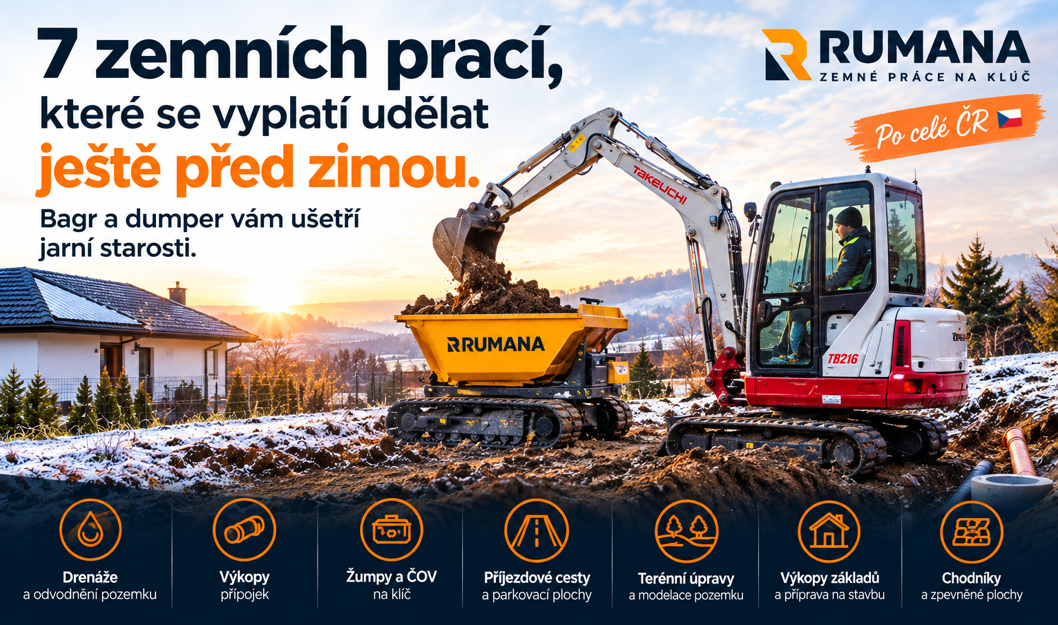Bagr a dumper pracují na zasněženém staveništi při západu slunce, s reklamním textem RUMANA.